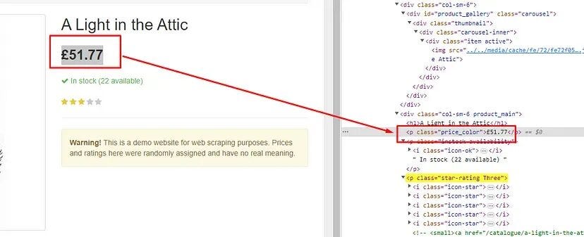 finding the price tag in booktoscrape books 